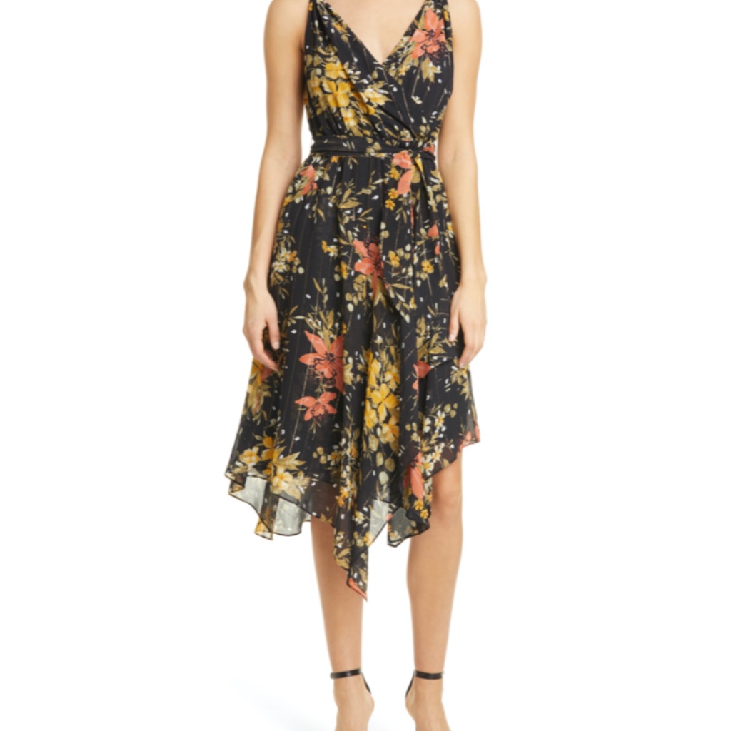 Joie Black Floral Midi Dress With Yellow & Coral Accents